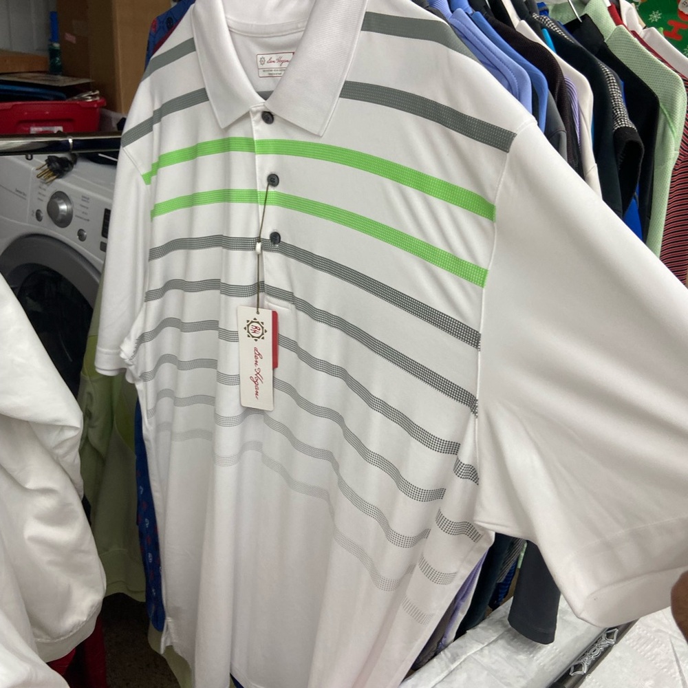 Bobby Jones White Polo with Gray Stripes and Green Highlights